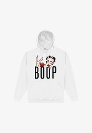 Biała bluza z kapturem z przednią kieszenią, z ilustracją postaci z kreskówki oraz napisem "BOOP" dużymi czarnymi literami.