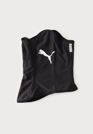 Sort Puma halsedisse med hvidt springende Puma-logo i midten og lille Puma-mærke på siden, vist på en ensfarvet baggrund.