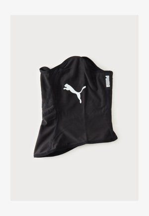 Tour de cou noir Puma avec un logo Puma blanc sautant centré et une petite étiquette Puma sur le côté, présenté sur un fond uni.