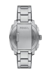 Stainless steel watch with a polished finish, featuring a metal link strap, clasp engraved with "Fossil," and a round case design.