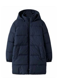 Marinblå pufferjacka med huva, med full dragkedja fram, två sidofickor och en kviltad design med horisontell sömnad.