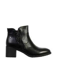 Bottine noire en similicuir avec une fermeture éclair sur le côté, un talon bloc et une texture lisse. Présente des coutures discrètes et un bout arrondi.