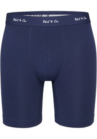 Mörkblå boxertrosor gjorda av en bomullsblandning, med en åtsittande design, elastisk midjeband med logotyp och mjuk textur.