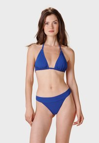 Blue bikini featuring a triangular top with adjustable straps and a matching low-rise bottom. The material appears smooth and stretchy.