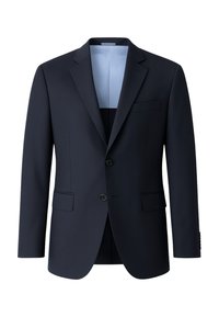 Blazer navy in tessuto liscio, con revers a scannellatura, due bottoni, tasche laterali e foderato in azzurro chiaro.