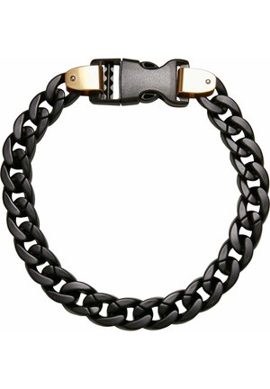 Sort tykt kædearmbånd med sammenkoblede led og en sort plastik side-lukningslås, sikret af to guld metal forbinder.