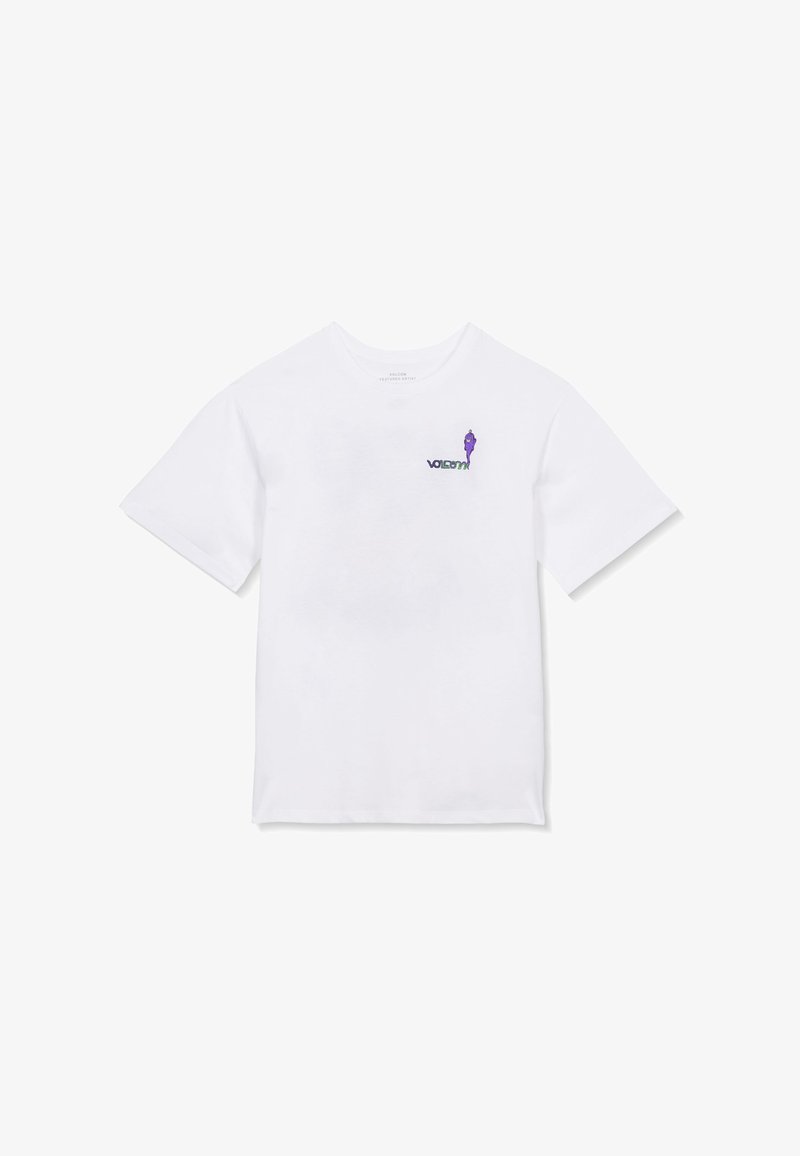 T-shirt blanc à manches courtes avec un petit motif de flamme violette et un logo "Volcom" multicolore sur le côté gauche de la poitrine.