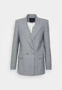 Šedý dvouřadý blazer s kostkovaným vzorem, včetně zelených a růžových akcentů. Klopy s cípem a přední kapsy. Úzký střih.