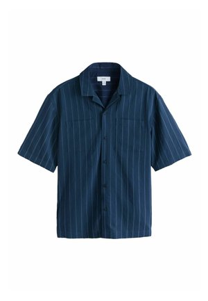 Navy blue short-sleeve button-up shirt with thin vertical white pinstripes and two chest pockets, laid flat on a white background.