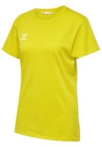 Limegrøn bomulds T-shirt med rund hals og korte ærmer, med et hvidt logo på venstre brystområde. Glat tekstur, afslappet pasform.