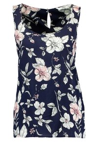 Ärmellose marineblaue Bluse mit floralem Muster in Pink und Weiß. Detail mit Schlitz im Rücken, weicher Stoff mit lockerer Passform und Rundhalsausschnitt.