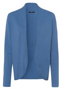 Cárdigan azul con una tela texturizada, diseño de frente abierto y mangas largas. Los bordes suaves y un color sólido proporcionan un aspecto simple y limpio.