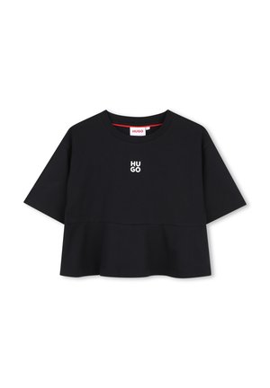 Zwarte cropped korte mouw T-shirt met rood detail aan de binnenhals en wit "HUGO" logo gedrukt middenvoor.