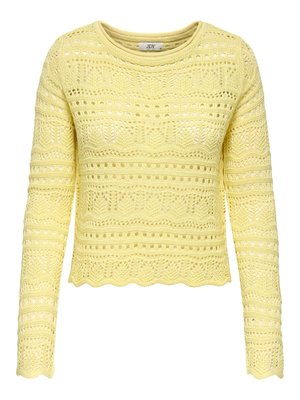 Yellow long-sleeve crochet knit sweater with scalloped hem and intricate openwork patterns throughout.