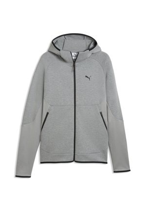Hellgrauer Kapuzenpullover mit durchgehendem Reißverschluss, schwarzem Reißverschluss und Puma-Logo auf der Brust, mit seitlichen Reißverschlusstaschen und langen Ärmeln mit strukturierten unteren Einsätzen.