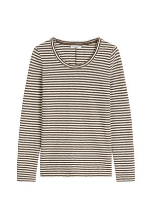 Lange mouwen, shirt met ronde hals en gelijkmatig verdeelde horizontale bruin-witte strepen over de stof.