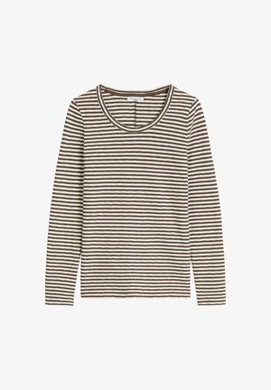 Lange mouwen, shirt met ronde hals en gelijkmatig verdeelde horizontale bruin-witte strepen over de stof.