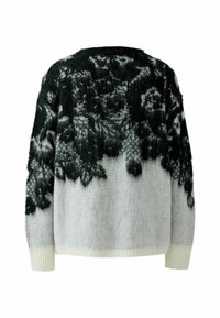 Oversized Pullover mit strukturiertem, schwarzem Spitzenmuster auf der Rückseite, grauem Körper und weißen Rippbündchen und Saum.