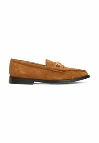 Brown suede loafer with a rounded toe, decorative stitching, and a gold-tone hardware accent on the front. Flat black sole.