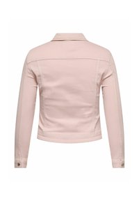 Veste en jean rose pâle à manches longues vue de dos, avec col et poignets boutonnés.