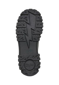 Suela de zapato de goma negra con un patrón de zigzag, que presenta texturas triangulares y circulares. Incluye un logo de marca en relieve y una etiqueta de tamaño "38".