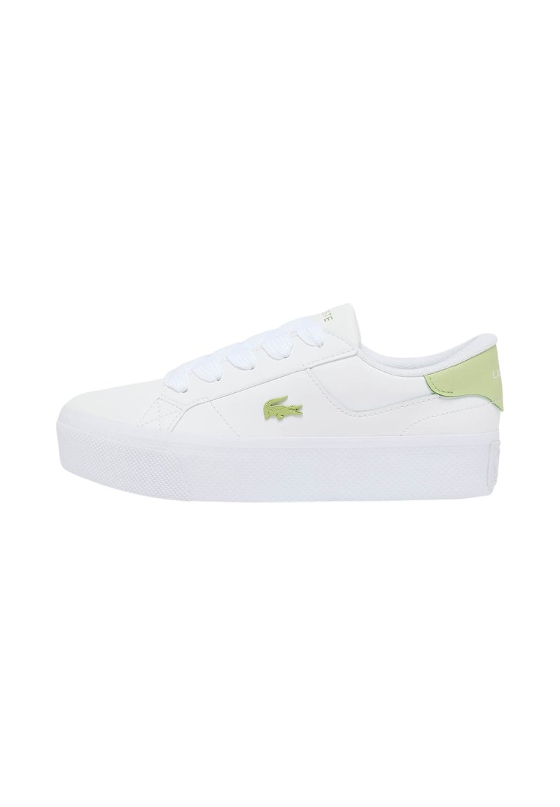 White low-top sneaker with a thick sole, white laces, green crocodile logo on the side, and green heel tab branded "Lacoste."