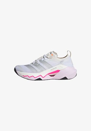 Lightweight athletic shoe in white mesh with gray stripes, featuring a thick pink sole, black accents, and a rear pull tab for easy wear.