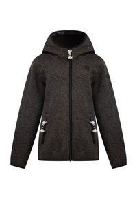 Giacca zip-up grigia scura con cappuccio, realizzata in tessuto testurizzato. Presenta tiranti decorativi della zip e dettagli di cucitura sul davanti.