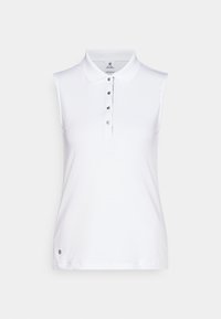 Pólo sem mangas branco com colarinho, pala de cinco botões e um discreto detalhe de marca na bainha. Tecido suave com uma textura lisa.