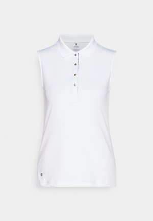 Polo shirt sans manches blanc avec col, patte de boutonnage à cinq boutons et détail de marque subtil à l'ourlet. Tissu doux avec une texture lisse.
