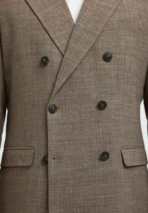 Braunes Leinen-Doppelreiher-Blazer mit zwei schwarzen Knöpfen, Revers und seitlichen Taschen. Strukturierter Stoff mit einem dezenten Muster.