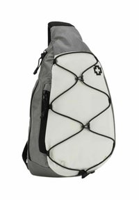 Zaino a tracolla grigio e bianco con materiale testurizzato, design con cordino elastico sulla parte anteriore, tasca laterale con zip e logo nell'angolo.