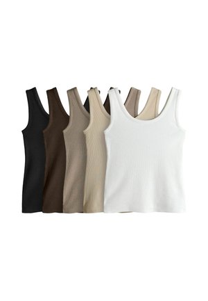 Six ribbed tank tops arranged in a row, featuring black, dark brown, light brown, beige, tan, and white colors. They have wide straps and a fitted shape.