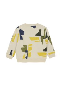 Beżowy bawełnowy sweatshirt z abstrakcyjnymi niebieskimi, zielonymi i żółtymi geometrycznymi wzorami. Posiada okrągły dekolt oraz ściągacze na rękawach i u dołu.