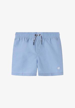 Modré plávačky vyrobené z ľahkej látky s elastickým pásom, čiernym šnúrkou a malým logom v dolnom ľavom rohu.