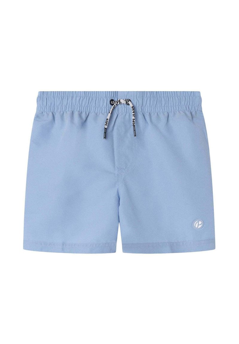 Modre kopalne hlače iz lahkega materiala z elastičnim pasom, črnim vrvico in majhnim logotipom na spodnjem levem delu.