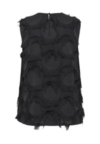 Haut noir sans manches avec des motifs circulaires à franges texturés disposés en rangées sur un fond en tissu lisse.