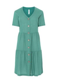 Vestido verde de manga corta con escote en V, cierre de botones en la parte delantera, falda de capas y botones decorativos de madera en la parte delantera.