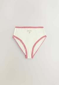 Kreemivärvi puuvillased aluspesu roosa pitsäärise ja tikitud "Laupäev" tekstiga, millel on lillemuster keskele.