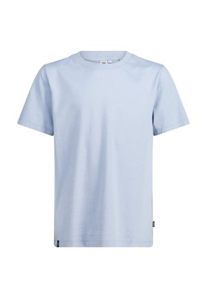 T-shirt en coton bleu clair avec des manches courtes, un col rond et une petite étiquette sur le côté à l'ourlet. Texture lisse et design épuré.