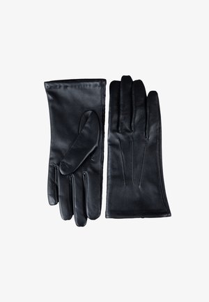 Black leather gloves featuring a smooth texture, classic design, and four distinct fingers with seam detailing.