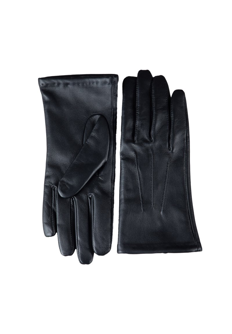 Black leather gloves featuring a smooth texture, classic design, and four distinct fingers with seam detailing.