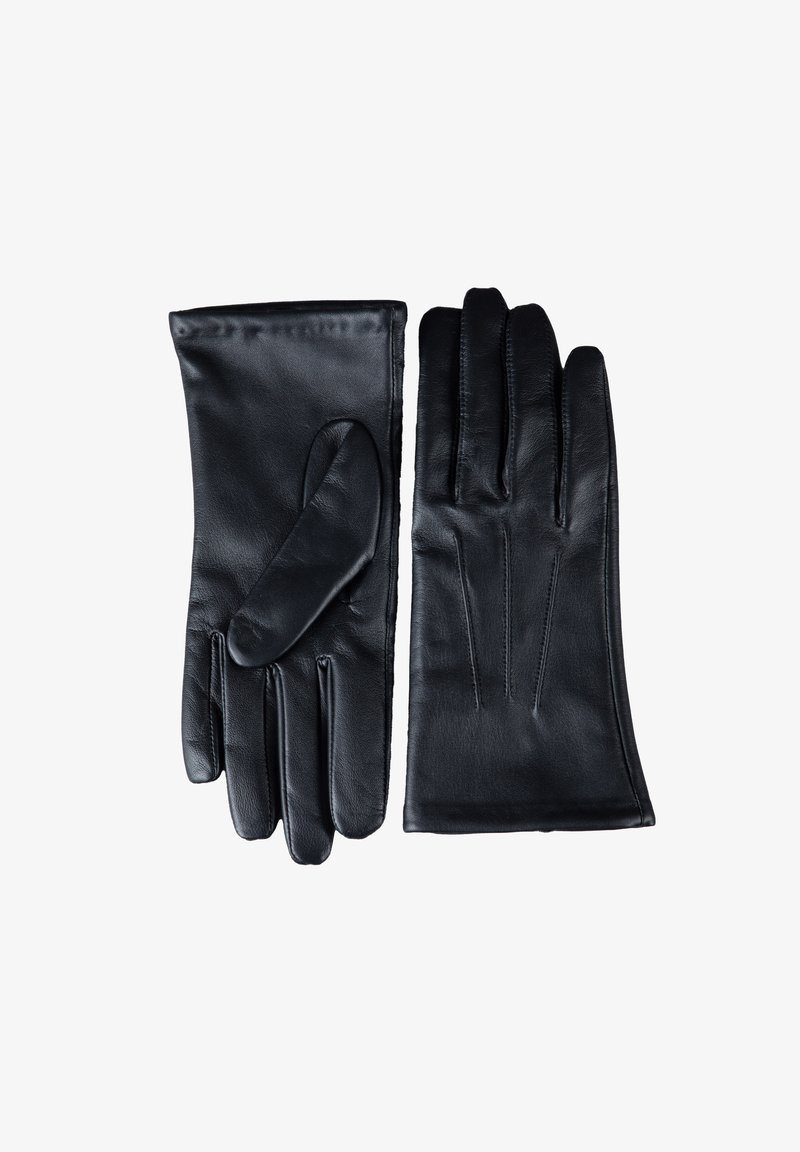 Black leather gloves featuring a smooth texture, classic design, and four distinct fingers with seam detailing.