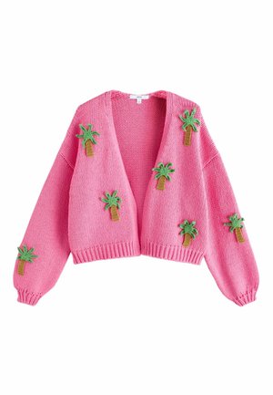Rosa gestrickte Strickjacke mit grünen und braunen Palmenapplikationen auf Ärmeln und Vorderseite, mit V-Ausschnitt sowie gerippten Bündchen und Saum.