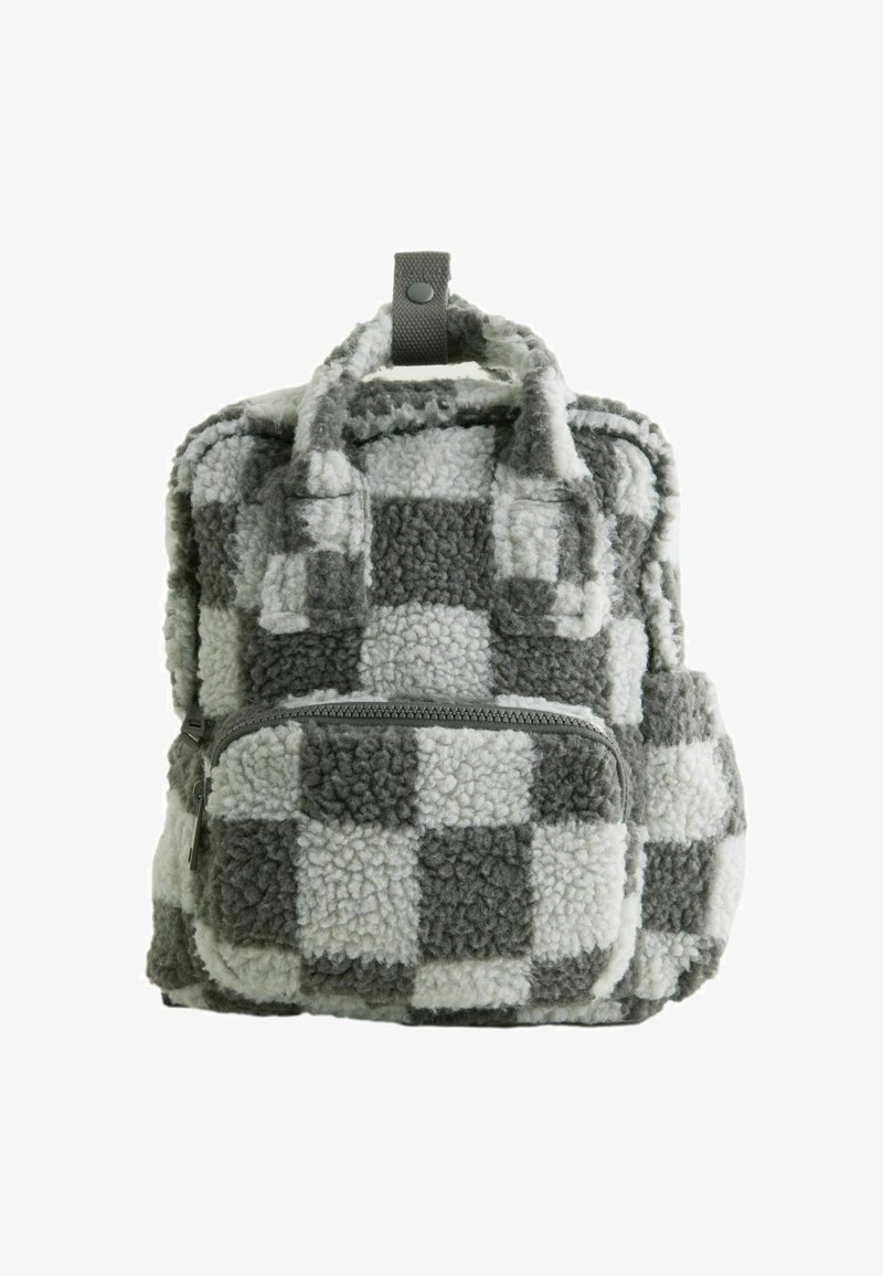 Gray and white checkered fleece backpack with soft texture, featuring two handles and a front zippered pocket.