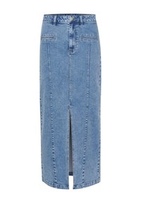 Denim midi skirt, light blue, featuring a front slit, two pockets, and a fitted waist with a button closure. Clean stitching detail.