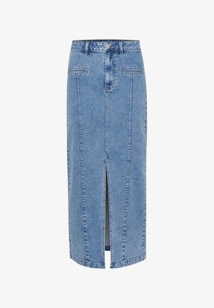 Denim midi skirt, light blue, featuring a front slit, two pockets, and a fitted waist with a button closure. Clean stitching detail.