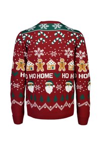 Punainen neule, jossa on juhlallisia kuvioita piparkakuista, karkkikepit, joulukuuset ja lumihiutaleet. Ribbireunukset hihansuissa ja pyöreä kaula-aukko.