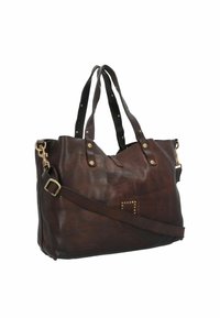 Borsa a tracolla in pelle marrone con dettagli di borchie, doppio manico superiore e tracolla removibile. Presenta una texture morbida e una forma strutturata.