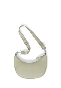 Borsa a spalla in pelle verde chiaro con una forma curva, dotata di tracolla rimovibile e dettagli in metallo argentato.